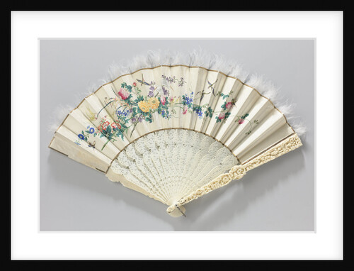 Folding fan with a double sheet of cream colored satin painted with flowering branches, birds and butterflies by Anonymous