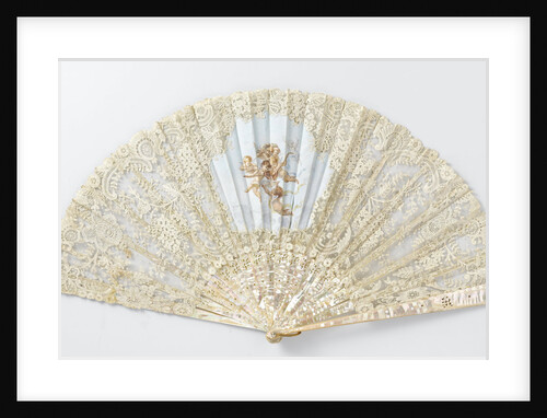 Folding fan with a sheet of tulle, on which bobbin and needle lace is appliqued and musical angels are painted with tempera, on a pearl frame by Anonymous
