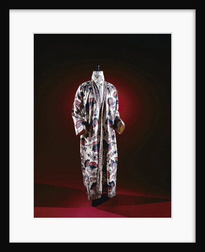 Robe of chintz, painted with multicolored prunus blossoms, pine branches with fan-shaped ends and a border with meandering flowers and leaves lined with yellow-white-red striped silk by Anonymous