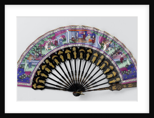 Folding fan with double sheet of fabric on the front three scenes, wo a rider on a white horse, on the back of flowers and birds on purple distance, frame of lacquered wood by Anonymous