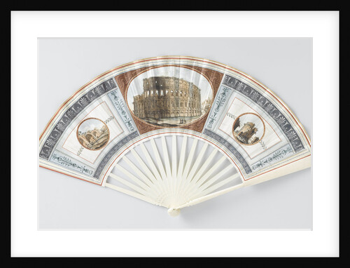 Folding fan with sheet of goatskin, which with gouache the Colosseum, the Baths of Caracalla and the Tomb of Cecilia Metell by Camillo Buti