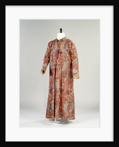 Quilted robe of cotton, stained and painted with multicolored floral motifs on red fond, lined with striped silk by Anonymous