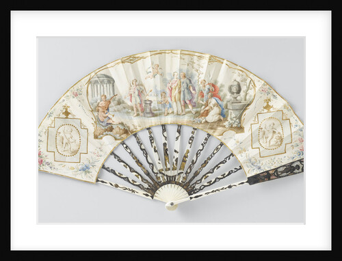 Folding fan with sheet of thin leather with in watercolor a wedding scene by Anonymous