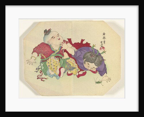 Two children looking at grasshopper by Kawanabe Kyôsai