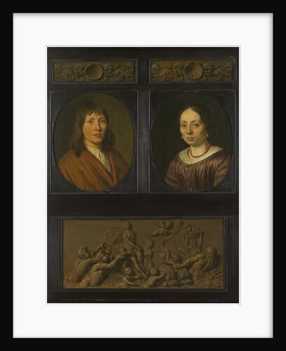 Portraits of a Man and a Woman framed with two ornamental frieze miniatures with shell motif and a Triumph of Amphitrite by Willem van Mieris
