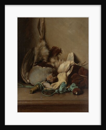 Still life with wood pigeon and powder horn by Guillaume Anne van der Brugghen