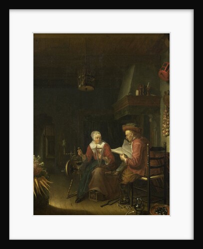 Interior with a man reading and a woman spinning yarn by Domenicus van Tol