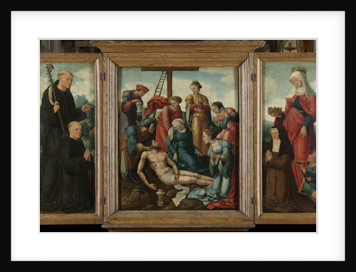 Triptych with the Lamentation of Christ, flanked by the male Donor with Saint Benedict and female Donor with Saint Elizabeth of Hungary by Cornelis Cornelisz II Buys