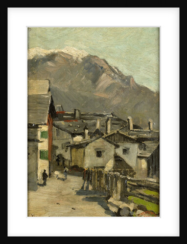 Houses on a road, behind a high mountain (Innsbruck?) by Geo Poggenbeek