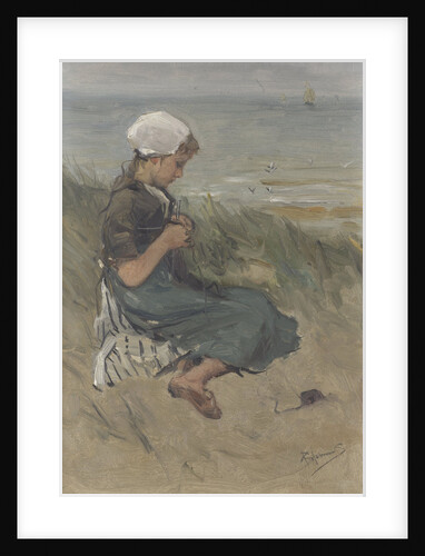 Knitting girl on a dune by Bernardus Johannes Blommers