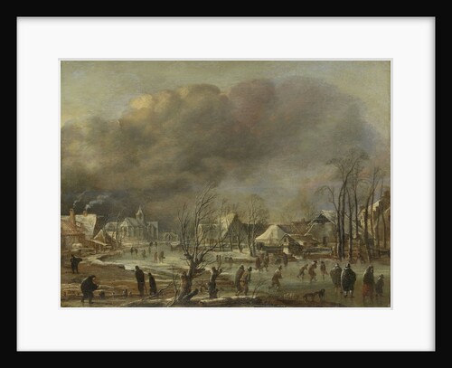 Snowfall on a village beside a frozen canal by Aert van der Neer