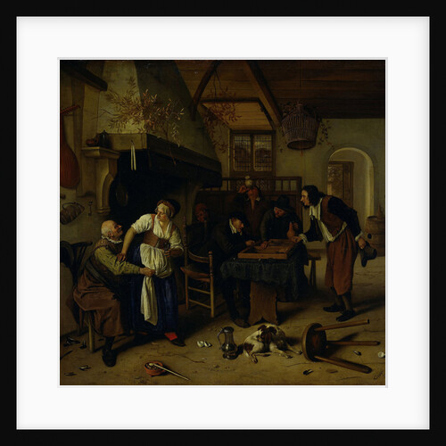 Interior of an inn with an old man amusing himself with the landlady and two men playing backgammon, known as 'Two kinds of games' by Jan Havicksz. Steen