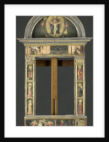Frame depicting the Annunciation, Baptism of Christ, Entry into Jerusalem, Saints Cecilia and Catherine of Alexandria, Trinity (Gnadenstuhl, Mercy Seat), and four Music-making Angels by Circle of Giovanni di Francesco del Cervelliera