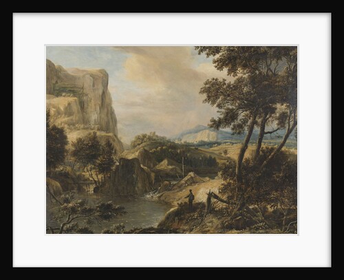 Mountainous landscape with fisherman by Roelant Roghman