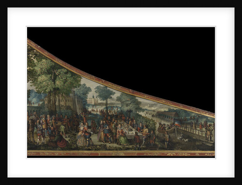 A painting on a harpsichord lid with a party by a river by Philip Schey