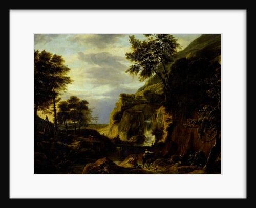 Mountainous landscape with waterfall by Roelant Roghman