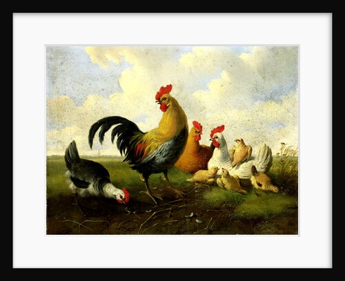 A rooster with hens and chicks by Albertus Verhoesen