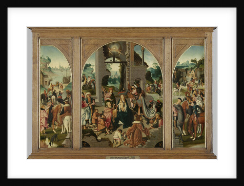 Triptych with Adoration of the Magi, center and inner wings, Saint Antony Abbot, left, outer wing and Saint Adrian, right, outer wing by Master of Alkmaar