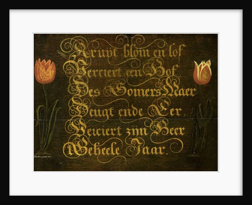 Calligraphed Saying Flanked by two Tulips by Isaac Hondius