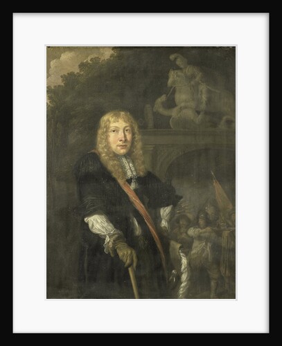 Portrait of an officer of the Leiden civic guard in front of the gate of the headquarters of the St. George guards by Domenicus van Tol