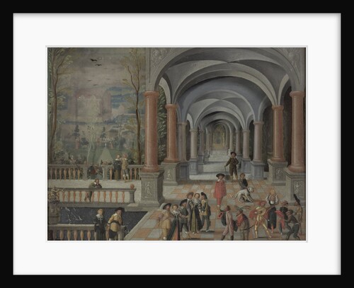 Festive Gathering and Figures from a Commedia dell'Arte in a Gallery by Monogrammist DB