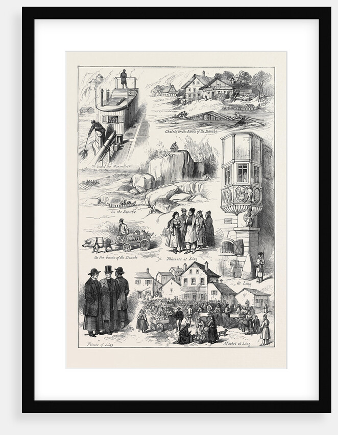 Sketches on the Road to Vienna: on Board the Maximilian Chalets on the Banks of the Danube on the Danube Peasants at Linz at Linz Priests of Linz Market at Linz 1873 by Anonymous