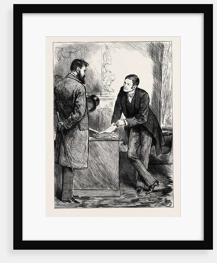 See Here and Here and Here Continued Lobster in Excellent Tone and Temper Turning Over the Leaves of a Packet of Oblong Papers Lying Before Him. There is Your Signature. 1880 by Anonymous