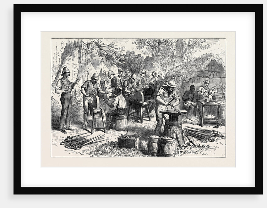 The Ashantee War: Sharpening Cutlasses in the Camp at Prah-Su 1874 by Anonymous