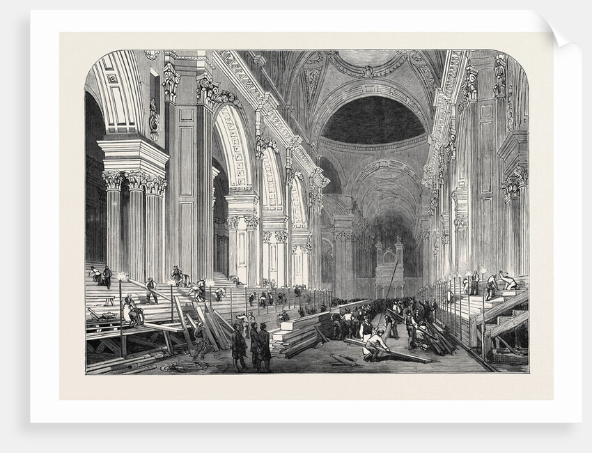 Preparation in St. Paul's Cathedral, for the Funeral of the Duke: The Nave, by Gaslight, 1852 by Anonymous