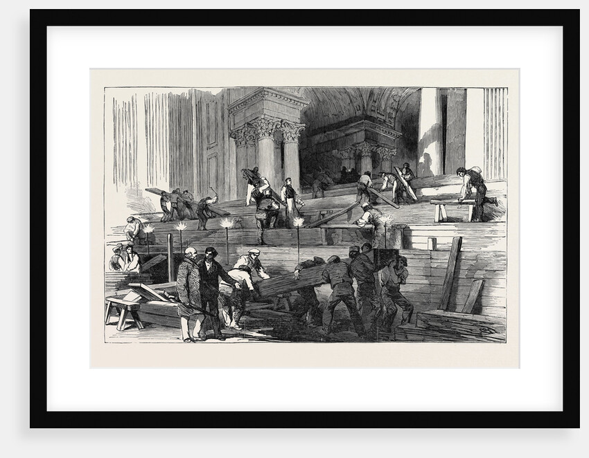 Preparation in St. Paul's Cathedral, for the Funeral of the Duke: Side Aisle, by Gaslight, 1852 by Anonymous