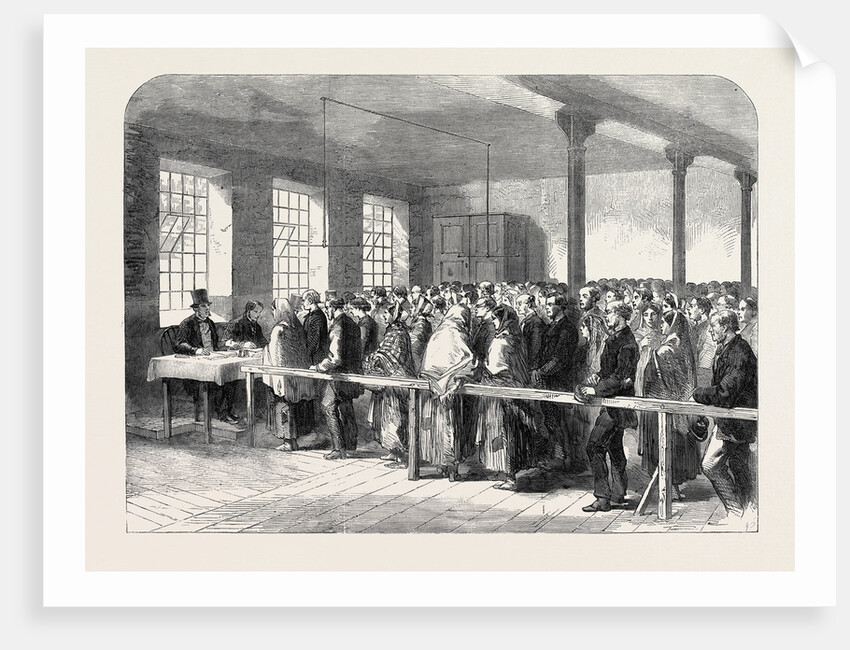 The Cotton Famine: Distributing Tickets for Bread Soup Meat Meal Coal Etc. At the Office of a District Provident Society Manchester 1862 by Anonymous