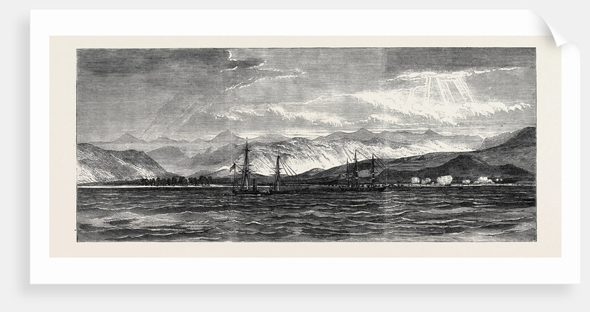 Expedition of a British Force from Aden to Shugra: View of Shugra from the Anchorage: The Troops Effecting a Landing 1866 by Anonymous