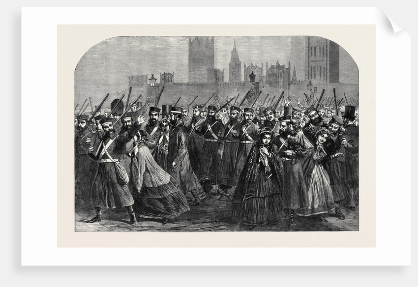 Reinforcements for Canada: The Guards Crossing Westminster Bridge on Their Way to the South Western Railway Station December 28 1861 by Anonymous