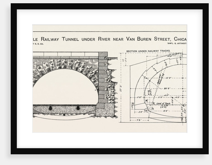 Cable Railway Tunnel Under River Near Van Buren Street, Chicago, 1890: Elevation of Tunnel Portal, and Section Showing Dimensions by Anonymous