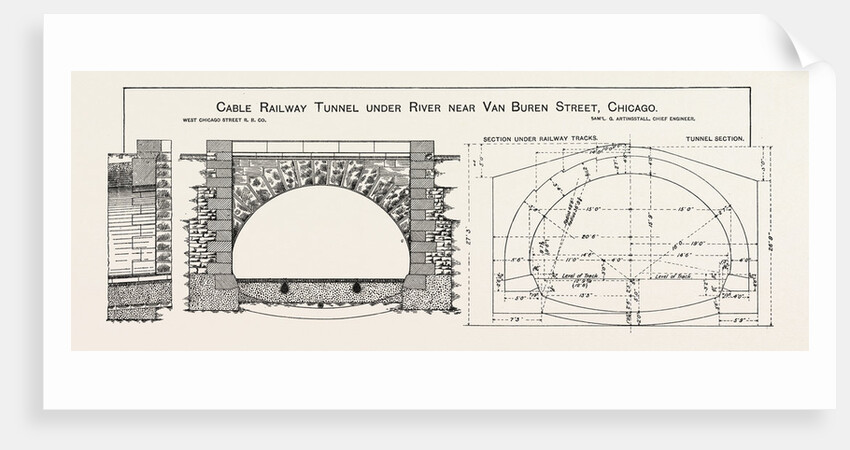 Cable Railway Tunnel Under River Near Van Buren Street, Chicago, 1890: Elevation of Tunnel Portal, and Section Showing Dimensions by Anonymous