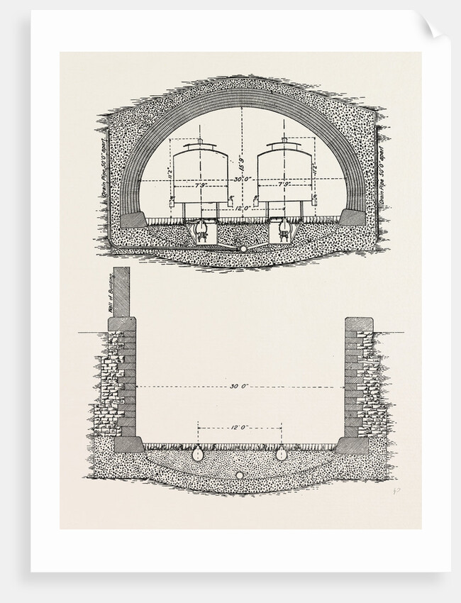 Cable Railway Tunnel Under River Near Van Buren Street, Chicago, 1890: Ordinary Section, and Section of Open Approach by Anonymous