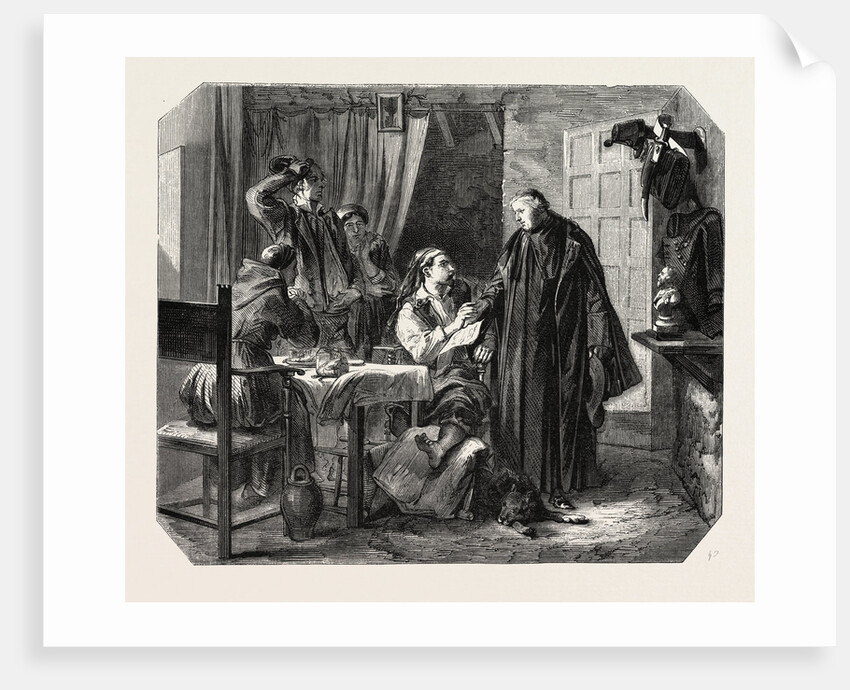 School Sardinia. The News of the Death of King Charles Albert, Engraving 1855 by Anonymous