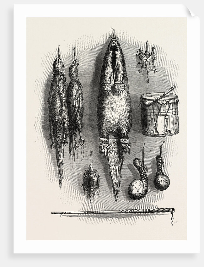 Indian Medicine Bag, Mystery Whistle, Rattles, and Drum by Anonymous