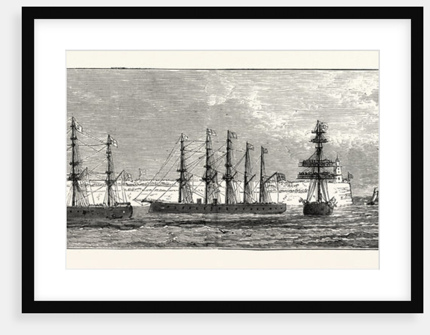 Inauguration of the Holyhead Breakwater and Harbour of Refuge by H.R.H. The Prince of Wales: Fleet Manning Yards on the Princes Leaving the Breakwater; Hercules, Northumberland, Sultan, Devastation by Anonymous