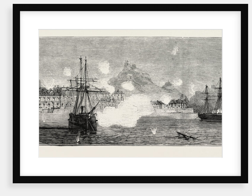 The Cartagena Insurrection, Spain: The Bombardment, Insurgent Frigates Firing from the Harbour on the Government Land Batteries by Anonymous