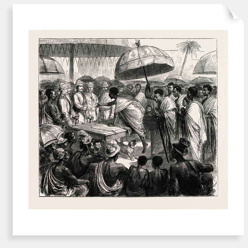 The Ashantee War, Reading the Queen's Letter at the Palaver of Kings at Accra, Ghana: Attah, King of Akim, and the Gordon Setter by Anonymous
