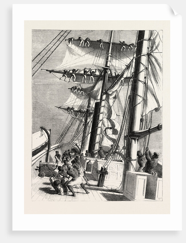 The Livingstone Expedition in Africa: H.M.S. Lynx, Sent for the Relief of the Expedition, Taking in Sail During a Squall by Anonymous