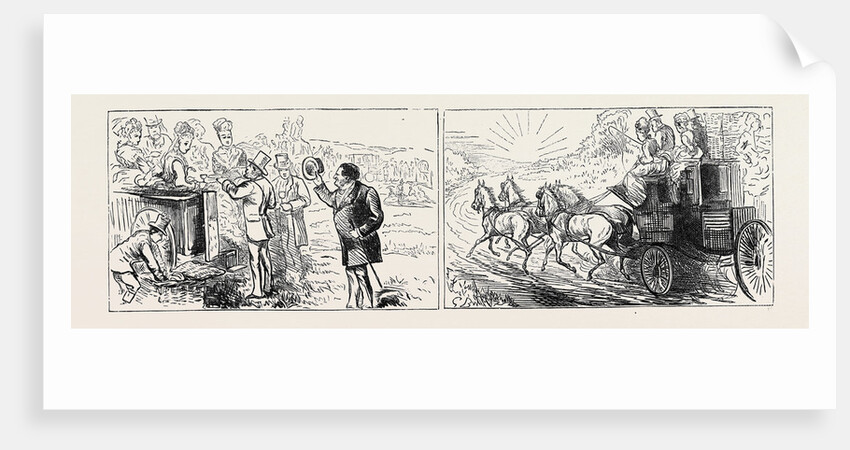 Left: The Old Bore Who Always Appears at Luncheon Time, Right: Home on Cousin Tom's Coach; Goodwood Races, a Ladies' Day, August 8, 1874 by Anonymous