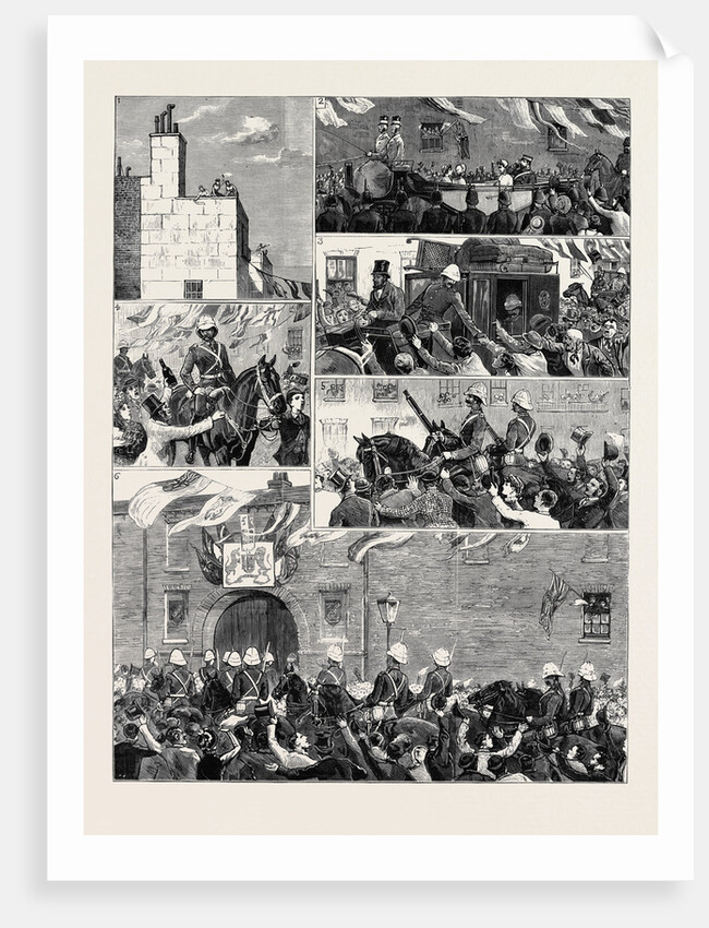 The Return of the Troops from Egypt, Scenes in the Streets During the March of the Royal Horse Guards (Blue) from the Docks to the Albany Street Barracks by Anonymous