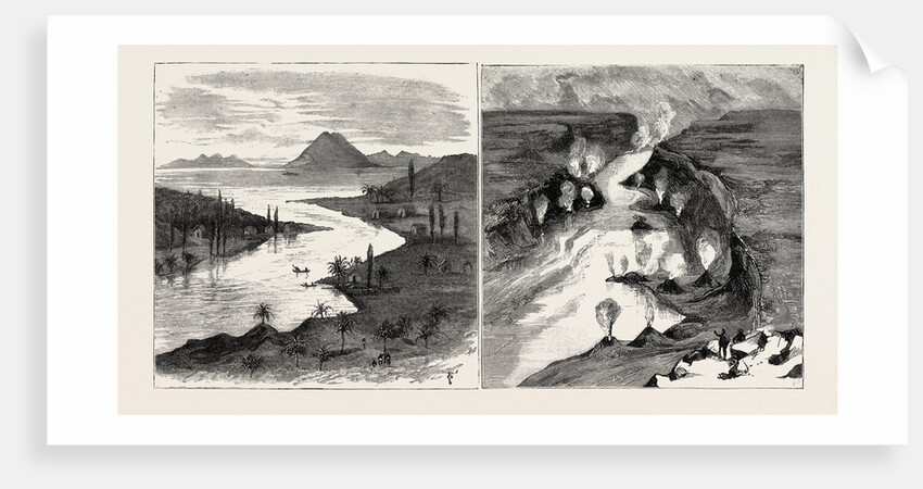 Exploration in the King Country North Island New Zealand: Source of the Upper Waikato River at Lake Taupo (Left Image) Upper Waikato River Near Lake Taupo Showing Terrace Formation of Pumice Rock and Boiling Springs (Right Image) by Anonymous