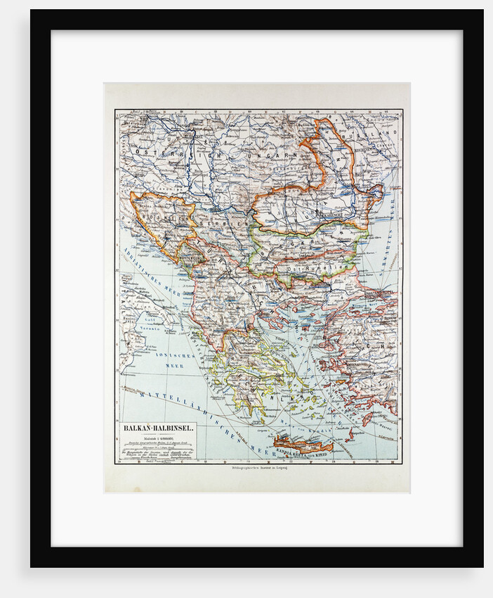 Map of Austria-Hungary Greece Serbia Bosnia and Herzegovina Romania Bulgaria Macedonia Montenegro and Crete Albania Bulgaria 1899 by Anonymous