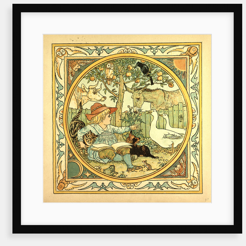 A Child Surrounded by a Cat Donkey Geese a Raven a Mouse a Frog an Owl and a Cow by Anonymous