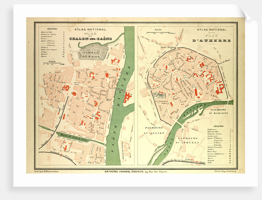 Map of Chalon-Sur-Saône and Auxerre France by Anonymous