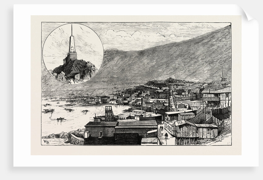The Civil War in Chile: Monument to Arturo Pratt (Top Left Corner) Pisagua Coast of Chile Recently Bombarded by the Insurgent Fleet 1891 by Anonymous