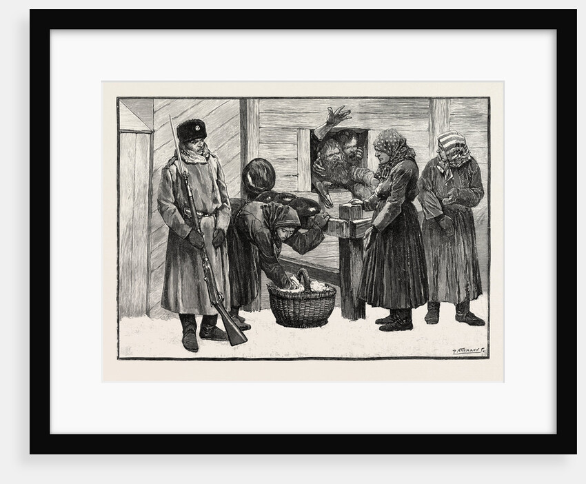 Sketches in Siberia Courtyard of the Prison for Criminals at Krasnoiarsk: Peasant Women Selling Bread Tea and Sugar to Prisoners. by Anonymous